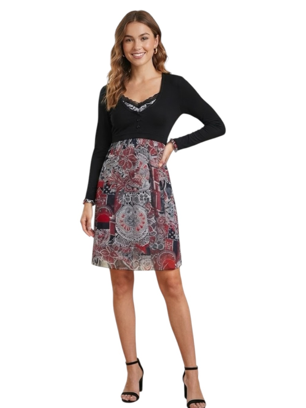 Tristan Black Paisley Twofer Long Sleeve Mini Dress XS